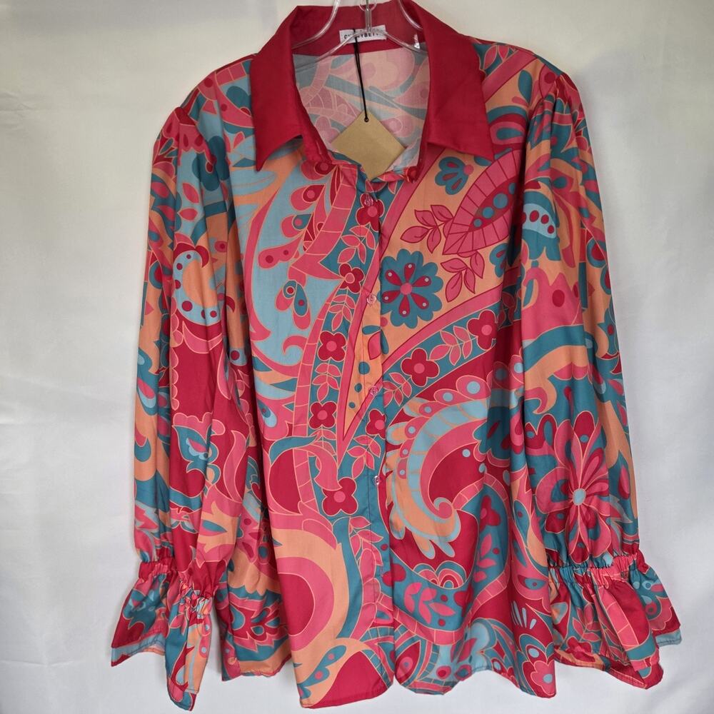Cherrybetty Blouse Womens 2XL NWT Pink/Blue Paisley Floral Bell Sleeve Cottage